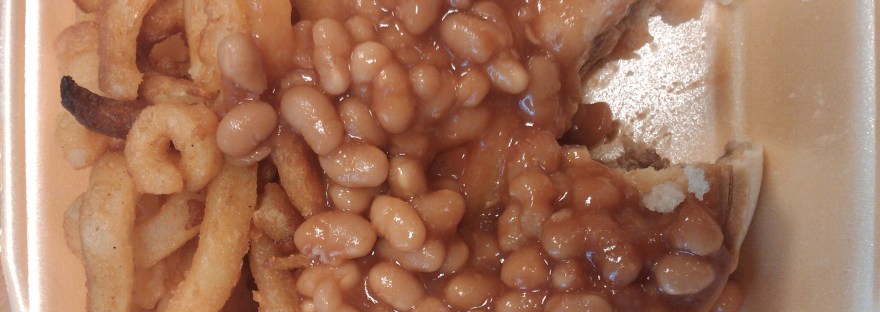 Pie, beans and curly fries